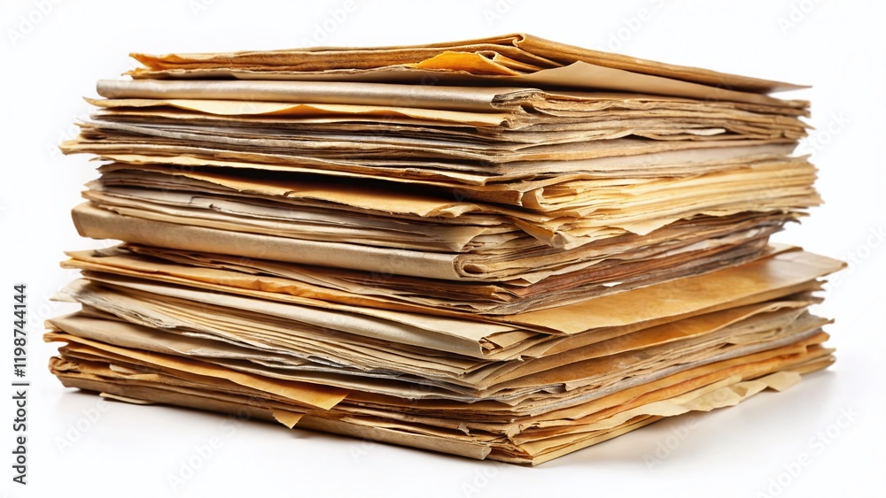 Stack of Old Paper Files on White Background - Vintage Documents Archive Stack of Old Paper Files on White Background - Vintage Documents Archive