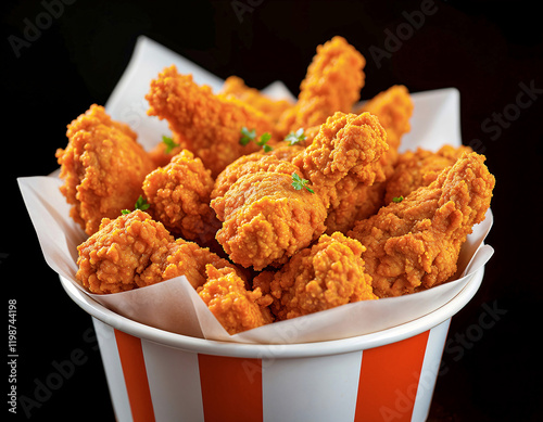 Crispy fried chicken bucket, dark background, food photography, restaurant menu photo