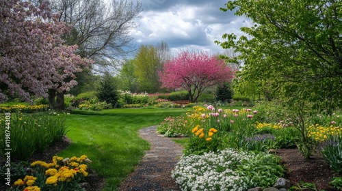 Vibrant Spring Garden with Blooming Flowers and Stone Pathway