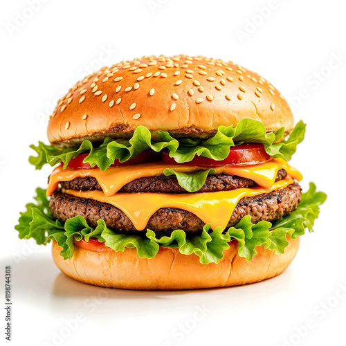Juicy double cheeseburger studio shot, food photography, white background, menu advertising