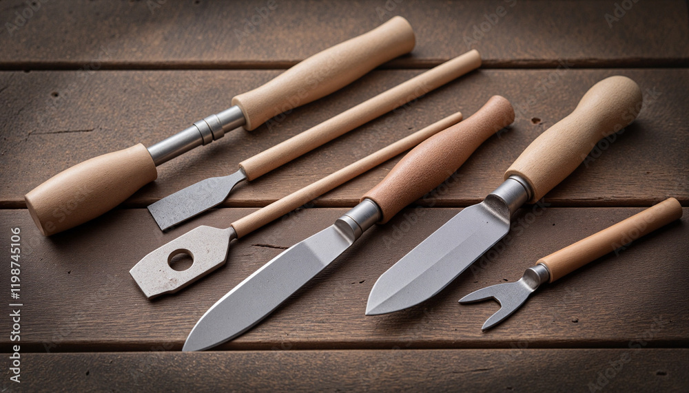 Traditional maple tapping tools arranged on rustic wooden surface with soft morning light Traditional maple tapping tools arranged on rustic wooden surface with soft morning light