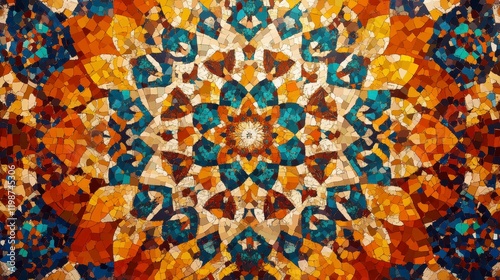 Abstract Colorful Shiny and Hypnotic Concept Symmetric Pattern Ornamental Decorative Kaleidoscope Movement Geometric Circle and Star Shapes. 