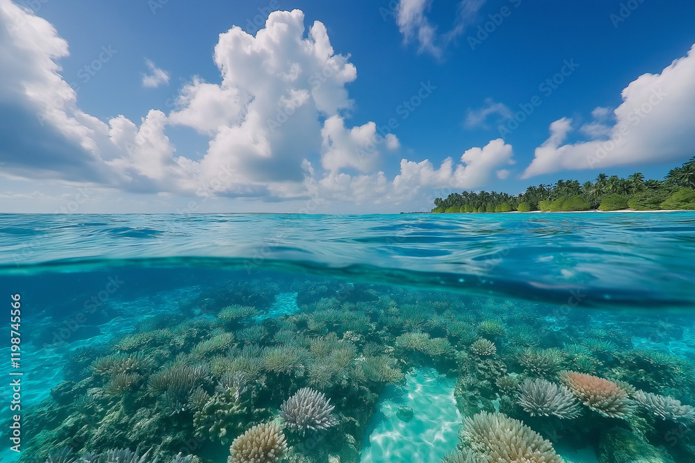 Fototapeta premium Tropical island shore meeting coral reef in crystal clear turquoise water under beautiful cloudy sky
