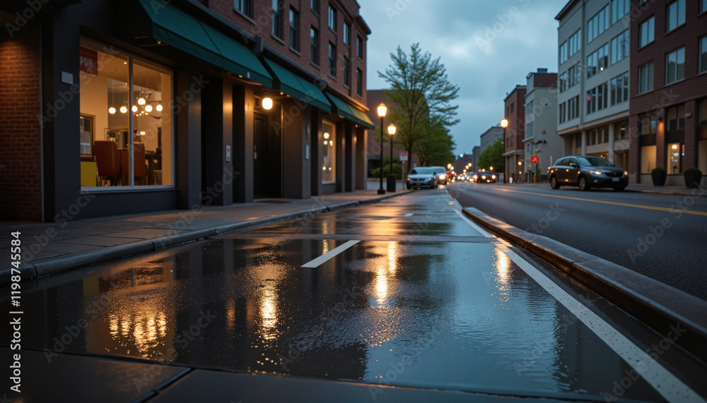 Naklejka premium Rainy urban street reflecting lights on wet pavement with cozy atmosphere at dusk