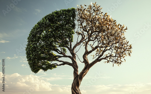 A unique tree symbolizing growth and decay with contrasting foliage.
