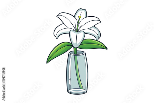 A sleek glass vase holding a single stem of a white lily vector art illustration.eps