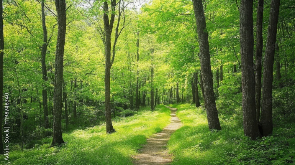Fototapeta premium Sunlit Forest Path: A Tranquil Walk Through Lush Greenery
