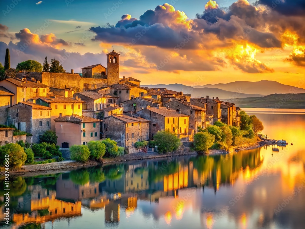 Obraz premium Stunning Lago di Bolsena: Italian Lake Landscape with Picturesque Village & Rolling Hills