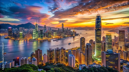 Stunning Hong Kong Skyline at Dusk - Cityscape Panorama with Copy Space