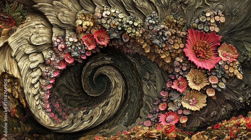 Obraz premium Whimsical Spiral Artwork Intricate Floral Design with Swirling Wooden Texture
