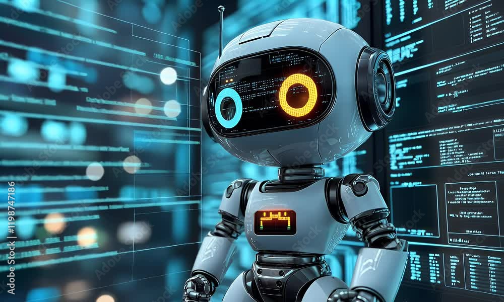 Cute robot in server room, digital background. AI technology Cute robot in server room, digital background. AI technology