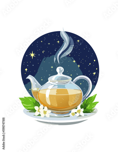 A clear teapot emitting steam, depicted in a magical setting with floral accents and a glowing night sky