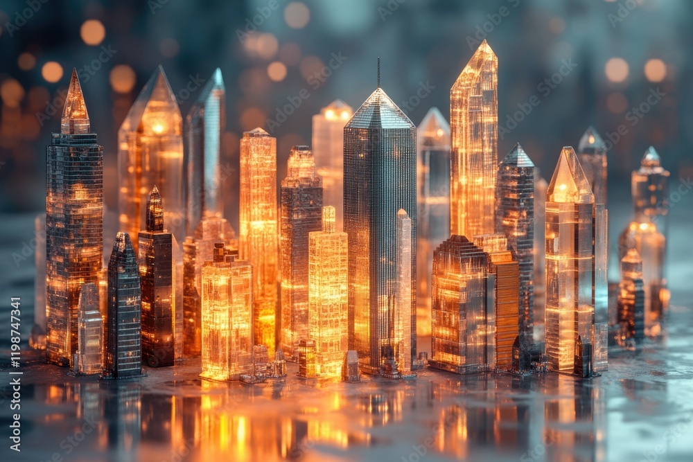 Fototapeta premium Illuminated glass cityscape model, reflecting futuristic urban design and architectural innovation.