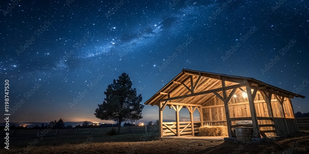 Fototapeta premium Wooden Stable at Dark Blue Starry Night, Jesus Christ Birth Concept with Copy Space