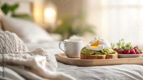 Wallpaper Mural Crisp white linens with a cozy breakfast tray featuring avocado toast and latte Torontodigital.ca