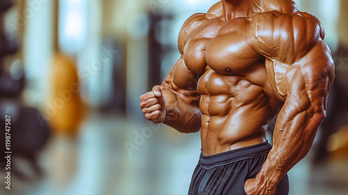 Close-up of a very muscular man's torso. Biceps, triceps, shoulders and abs are visible. The muscles are very developed and well-defined, the skin is shiny, probably from oil or sweat. photo