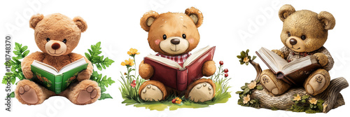 Set of A cozy scene of a brown teddy bear sitting on a bed, reading a book with chocolate syrup drizzled on it on transparent png background