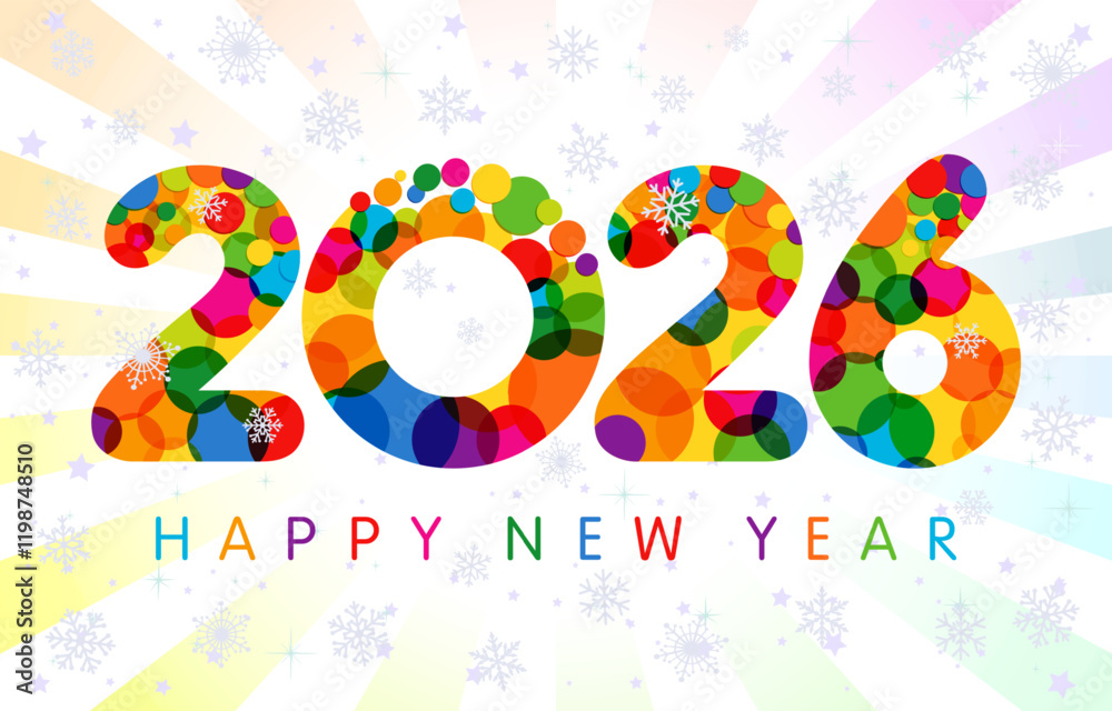 Obraz premium Happy New Year 2026 greeting card design. Cute festive background, numbers 2 0 2 6 with colourful bubbles and isolated clipping mask. Set of realistic snowflakes. Bright graphic circle or letter o.