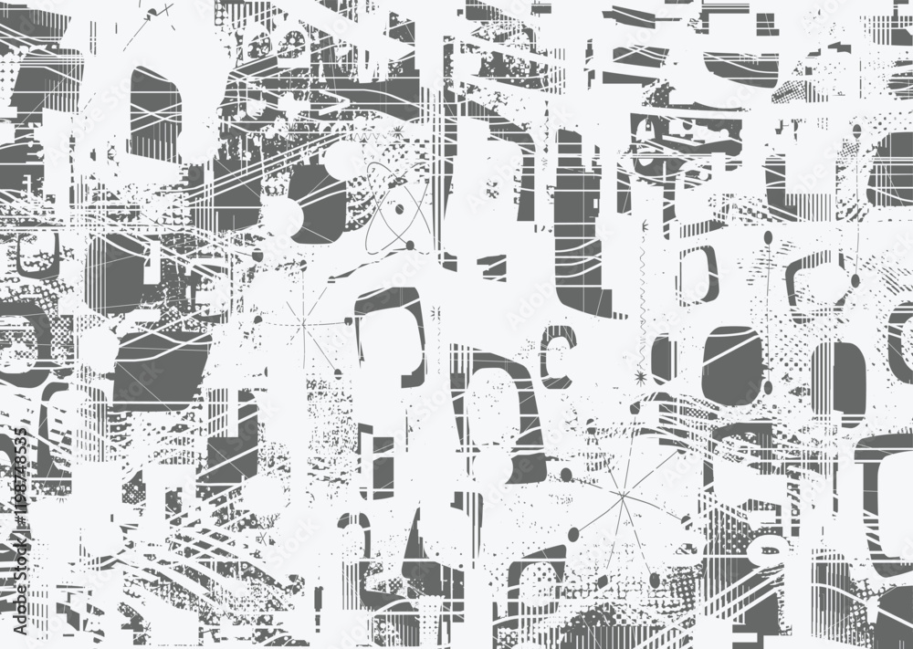 Background with glitch distorted grunge textures . grunge background texture with halftone dots, glitched shapes, textures and lines .Screen print vector background with grunge textured surface.
