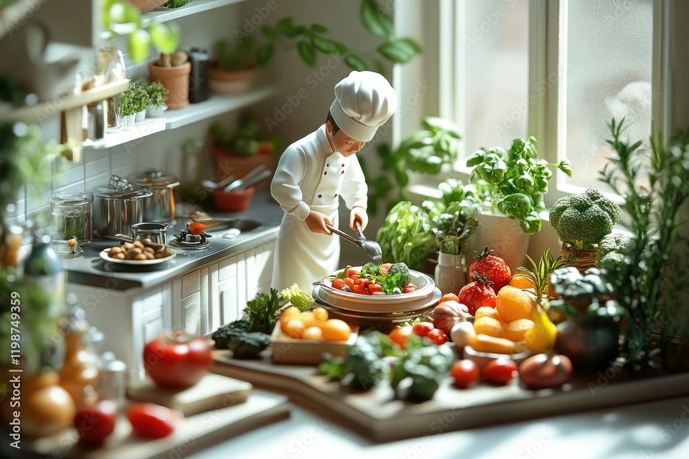 Miniature chef preparing a vibrant salad with fresh vegetables in a charming kitchen setting. Miniature chef preparing a vibrant salad with fresh vegetables in a charming kitchen setting.