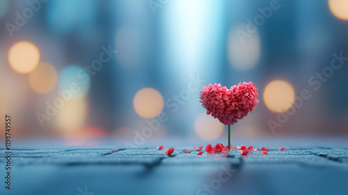 Romantic valentine rose bouquet heart on the road. A lovely wedding anniversary invitation in a bustling cityscape environment with depth of field