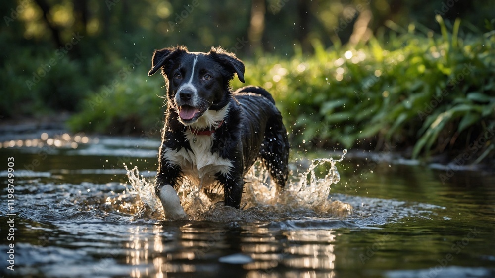 Golden Retriever Puppy and Border Collie Playing in a Forest Stream, capturing a joyful moment in nature. Golden Retriever Puppy and Border Collie Playing in a Forest Stream, capturing a joyful moment in nature.