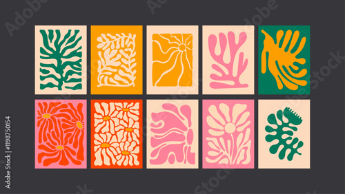 Retro funk design- 90s psychedelic posters with abstract waves, bright leaves, and trippy florals.