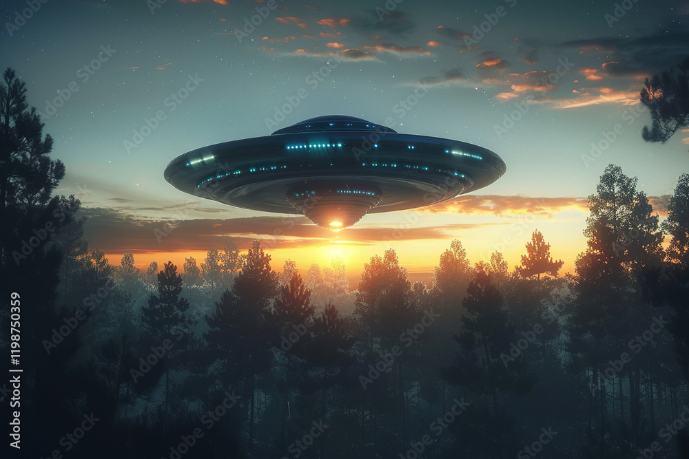 Obraz premium Iron oval UFO saucer hovering over beautiful landscape in deep dramatic sky, abstract vivid composition consists of fictional unreal fantastic vision on background