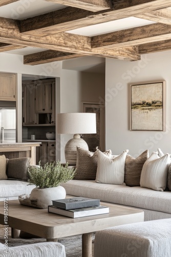 A stylish living room with rustic beams, neutral tones, and cozy seating, perfect for modern home inspiration.
