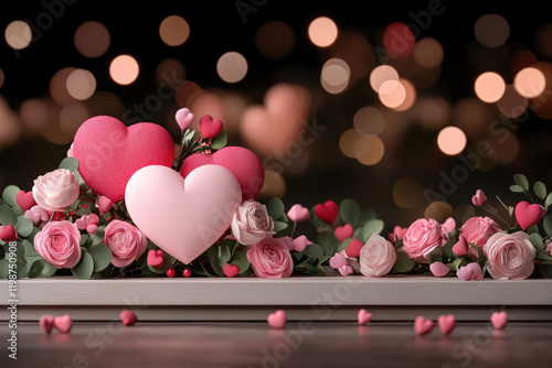 Romantic valentine's day display podium in a beautiful setting realistic photo of lovely hearts and passionate invitations
