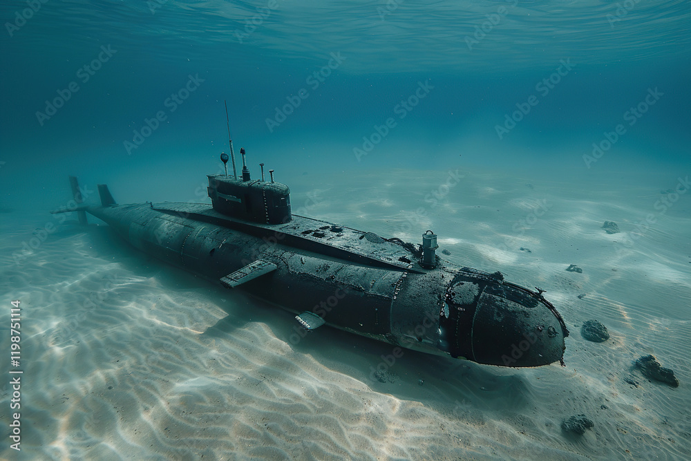 Beautiful large submarine floating in middle of deep ocean during mission, abstract vivid composition consists of fictional unreal fantastic vision on background Beautiful large submarine floating in middle of deep ocean during mission, abstract vivid composition consists of fictional unreal fantastic vision on background