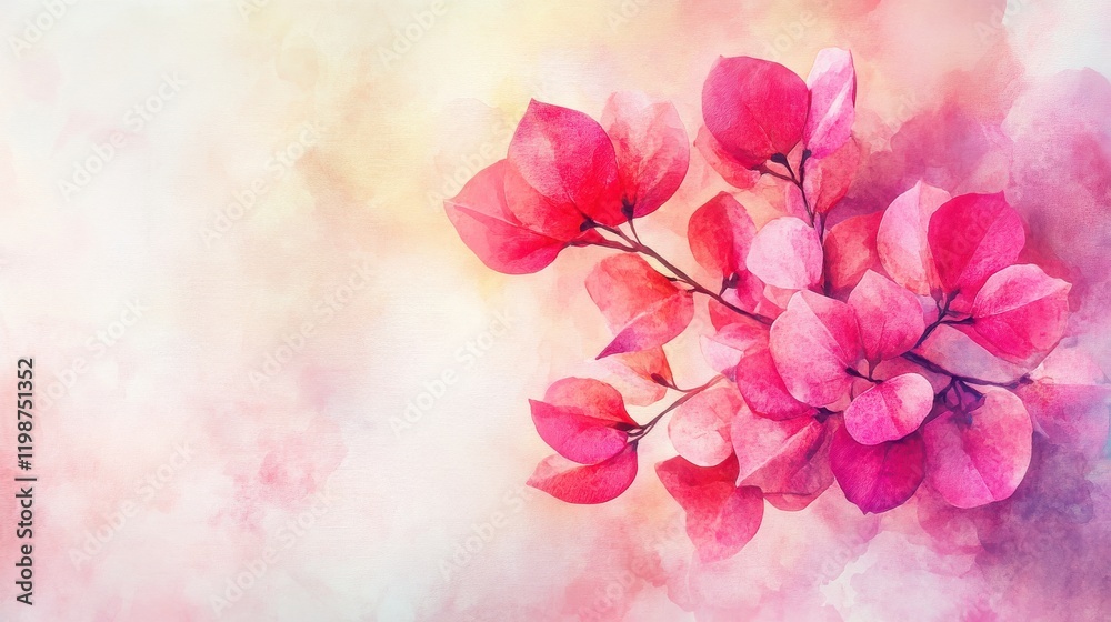 Fototapeta premium Illustration of blossom pink bougainvillea paper flower . Watercolor painting retouch. 