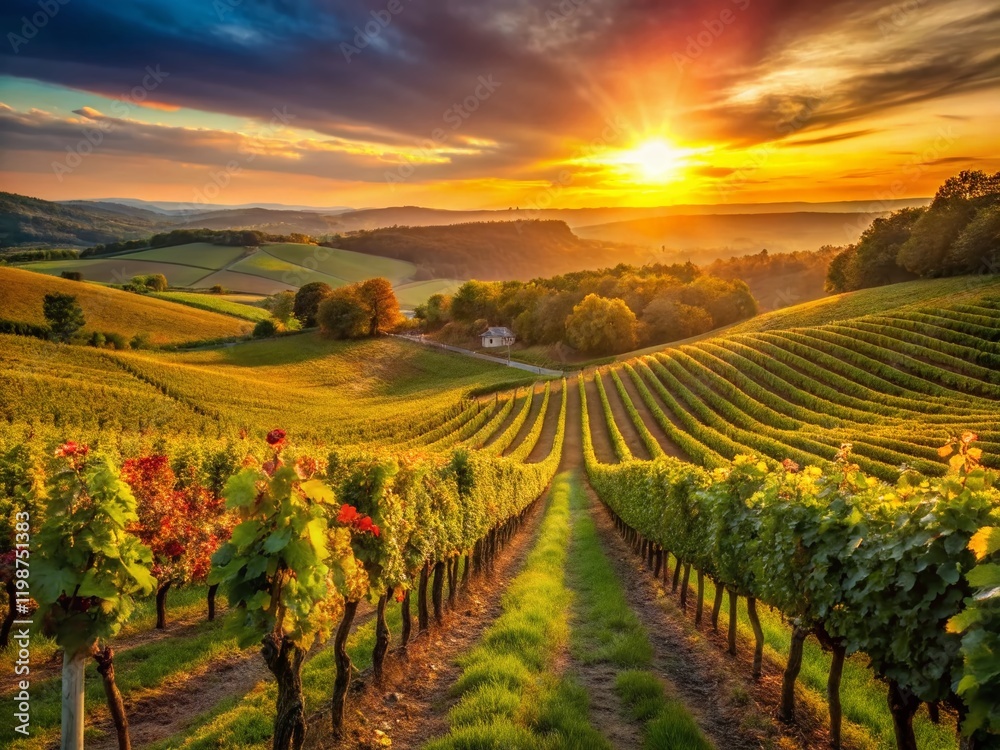 Fototapeta premium Sunset Vineyard: Rolling Hills, Grapevines, Low Light Photography
