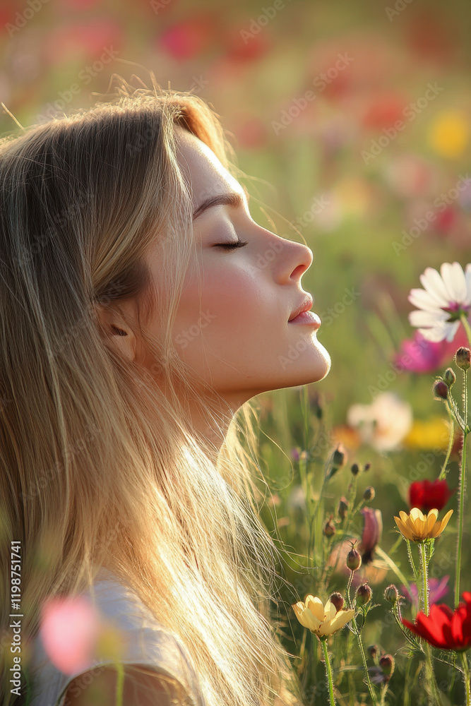 Profile view of blonde woman basking in golden sunset light among wildflowers, peaceful natural beauty and mindful living portrait Profile view of blonde woman basking in golden sunset light among wildflowers, peaceful natural beauty and mindful living portrait