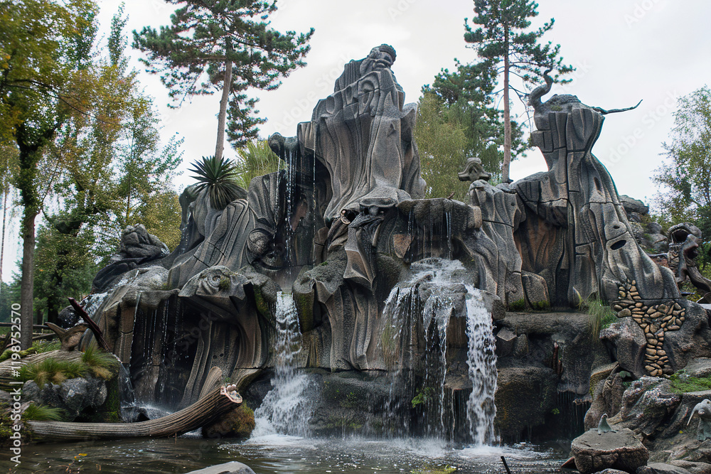 Obraz premium Fantastically beautiful fountain against backdrop of natural national park, abstract vivid composition consists of fictional unreal fantastic vision on background