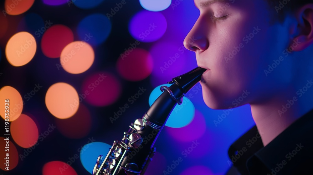 Fototapeta premium Young Musician Playing Clarinet Against Colorful Bokeh Lights in Night Scene