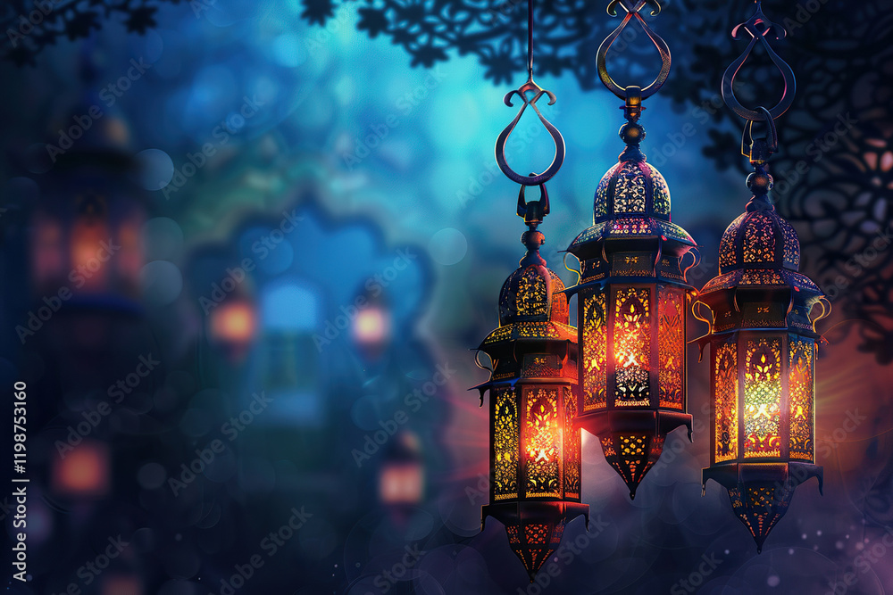 Obraz premium Beautiful greeting card with holiday composition for happy celebrate Ramadan, abstract vivid composition consists of fictional unreal fantastic vision on background