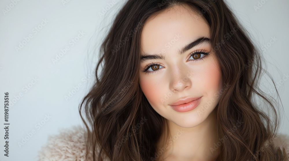 Naklejka premium Natural Beauty of Young Woman with Long Wavy Hair and Soft Makeup