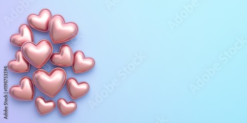Minimalist heart shape on gradient background concept. Pink heart balloons on a soft blue background