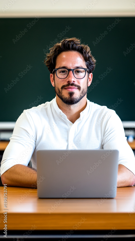 A man with curly hair and glasses sits at a desk, focused on a laptop, in a classroom with a chalkboard in the background. A man with curly hair and glasses sits at a desk, focused on a laptop, in a classroom with a chalkboard in the background.