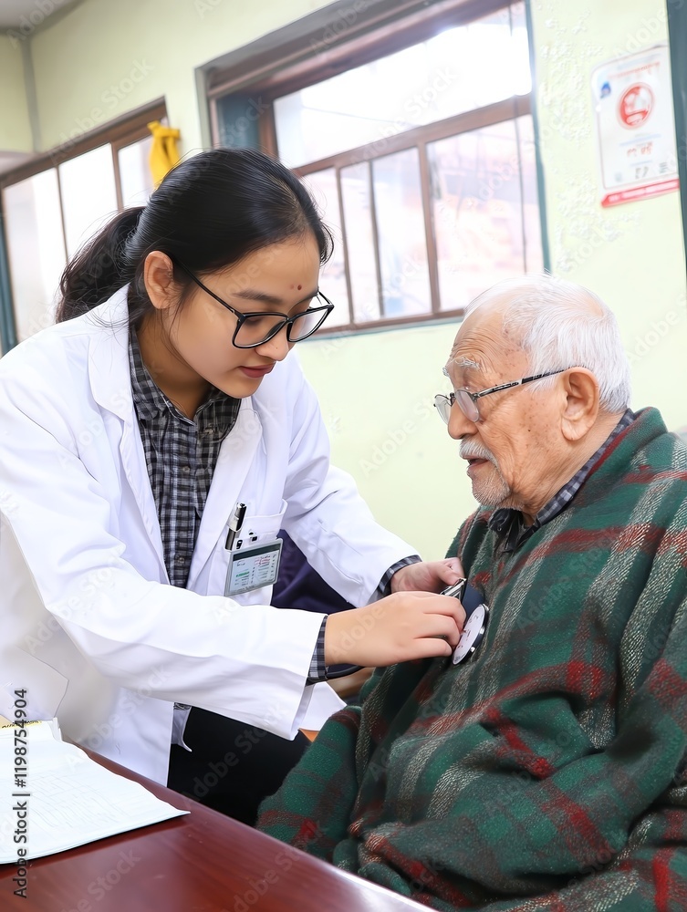 Obraz premium A healthcare professional checks the vitals of an elderly patient in a caring environment.