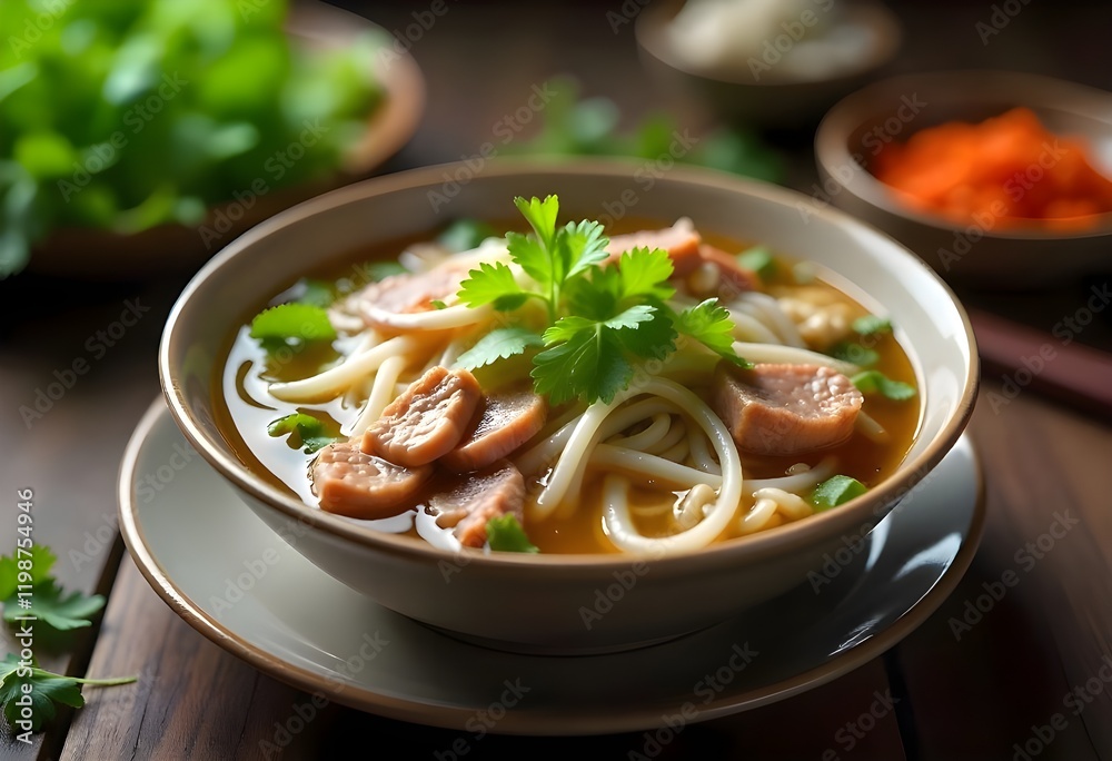 A Platter Of Fresh Vietnamese Pho With Rice Noodles, Fresh Herbs, Thinly Sliced Beef, And A Bowl Of Fragrant Broth