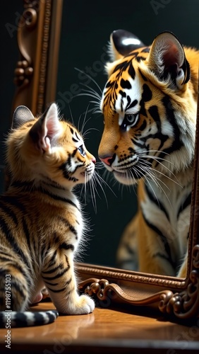 A cute kitten looking in the mirror and seeing an elegant tiger reflection.