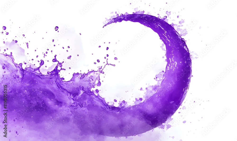 Obraz premium Abstract purple liquid splash, swirling crescent shape on white background.