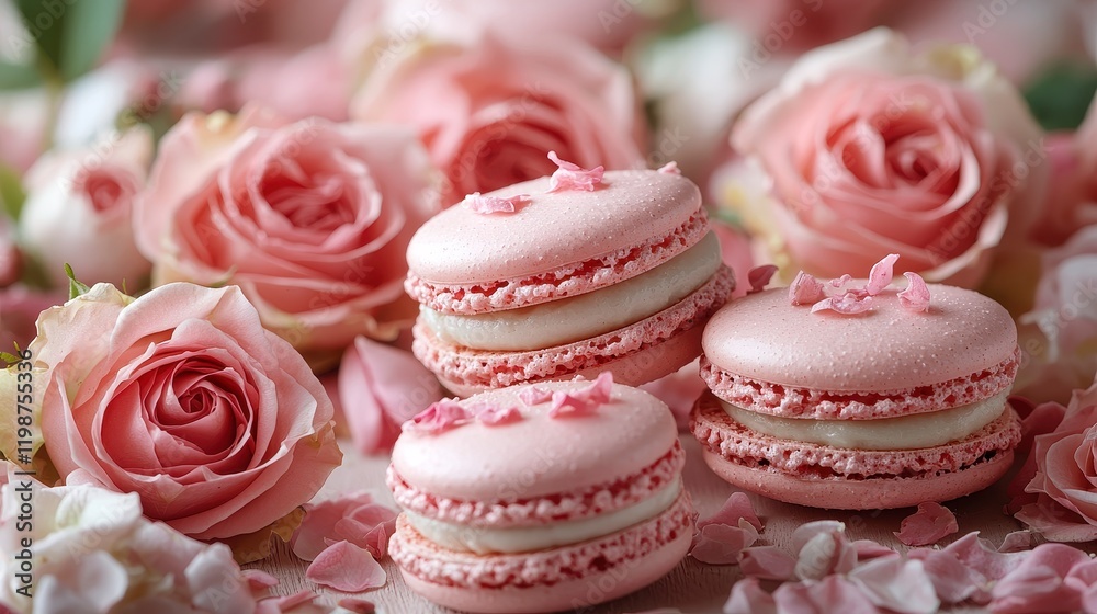 Pink macarons with roses and petals. Pink macarons with roses and petals.