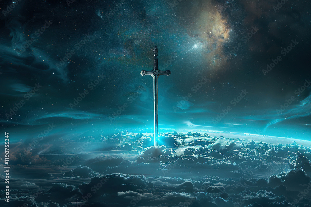 Naklejka premium Fantastic weapon royal sword with beautiful handle and sharp blade, abstract vivid composition consists of fictional unreal fantastic vision on background