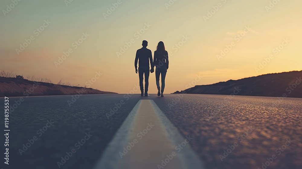 Fototapeta premium Couple holding hands, walking sunset road, hills background, romance