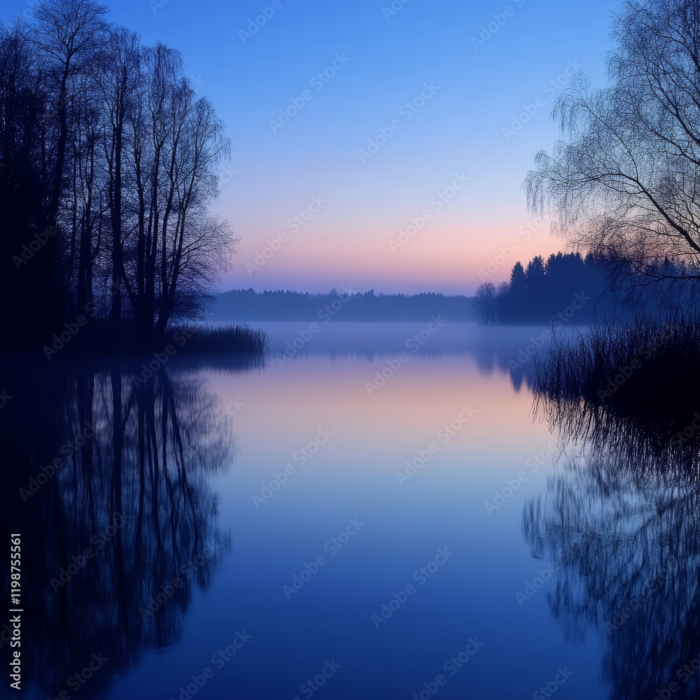 Fototapeta premium A peaceful lake at twilight with silhouetted trees and a calm, reflective surface, capturing the serene beauty of nature at dusk.