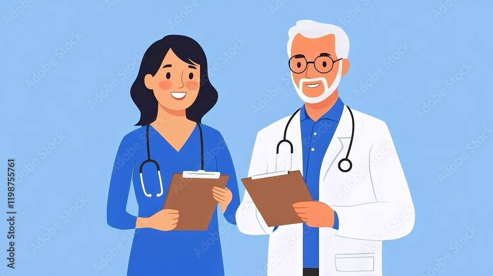Two healthcare professionals smiling while holding clipboards, representing teamwork in medicine. Two healthcare professionals smiling while holding clipboards, representing teamwork in medicine.
