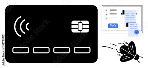 Credit card with wireless signal, online bill payment interface with transaction confirmation, and a bug icon representing cybersecurity. Ideal for e-commerce, digital banking, security, transaction